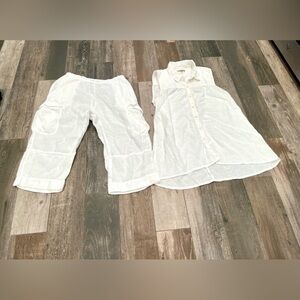 Flax Set Top L & Pant S, White Lagenlook Linen Boho 2 piece Beachy Oversized CYA